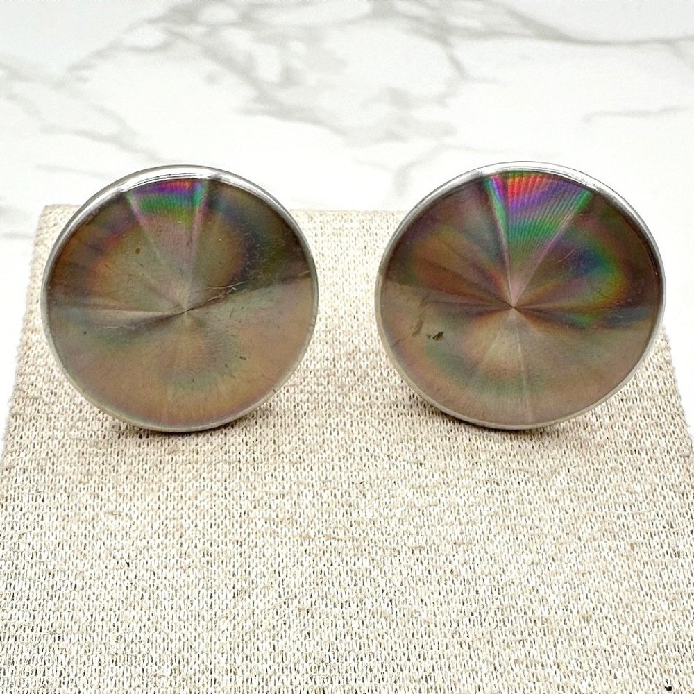 Vintage Silver Tone Round Cufflinks Holographic Rainbow Optical Foil Psychedelic